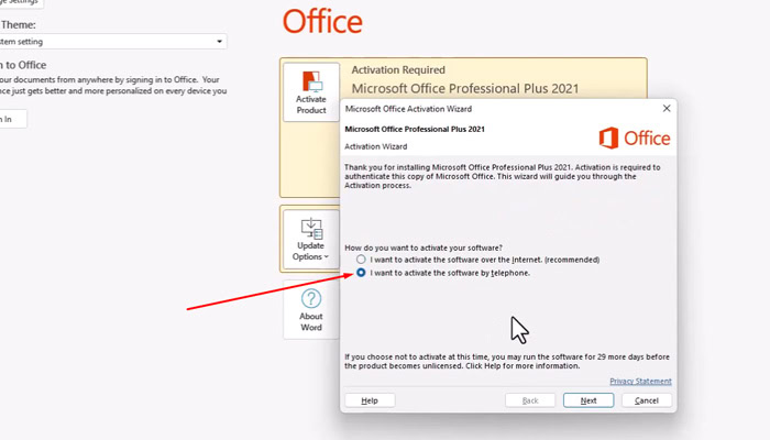 Výběr telefonické aktivace
